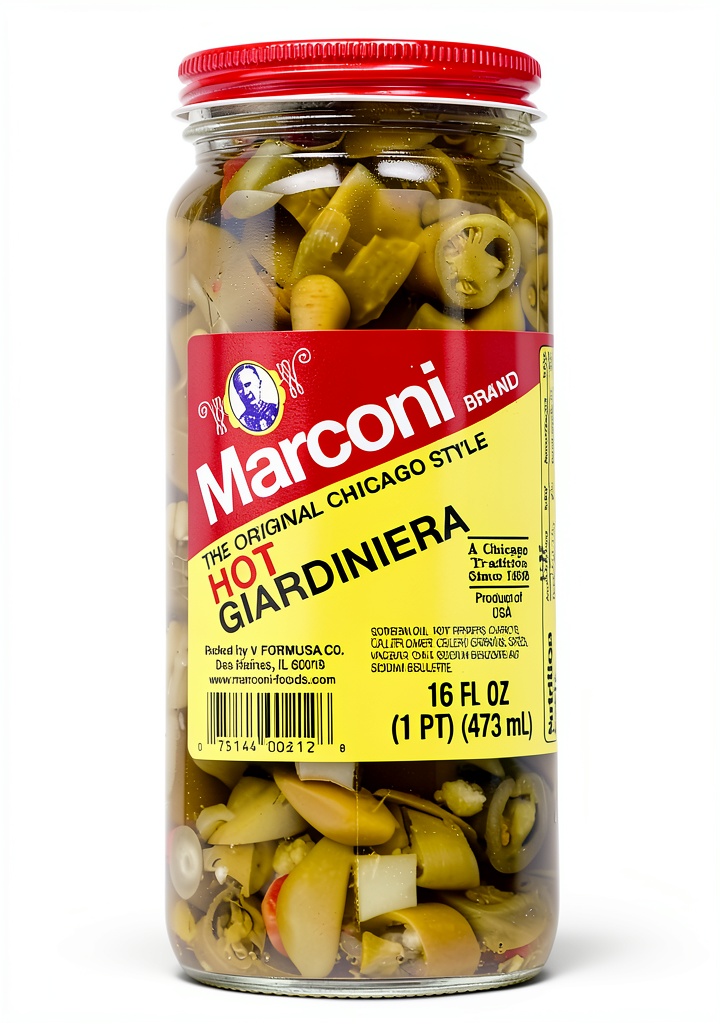 Unboxing Marconi Chicago Style Hot Giardiniera 16 oz jar on a kitchen counter