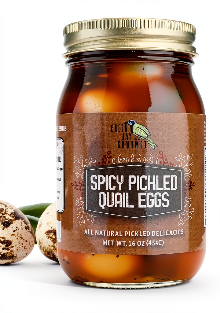 'Green Jay Gourmet Spicy Pickled Quail Eggs in a jar with jalapeños'